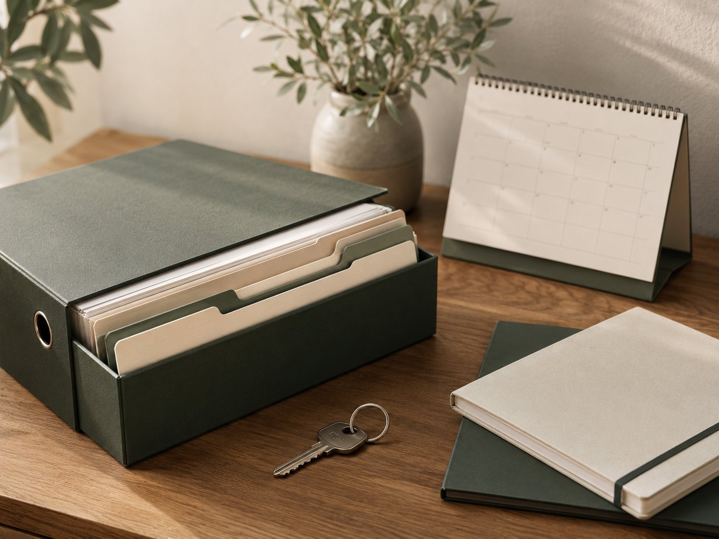 Geordneter Projektordner mit Kalender und Schlüssel